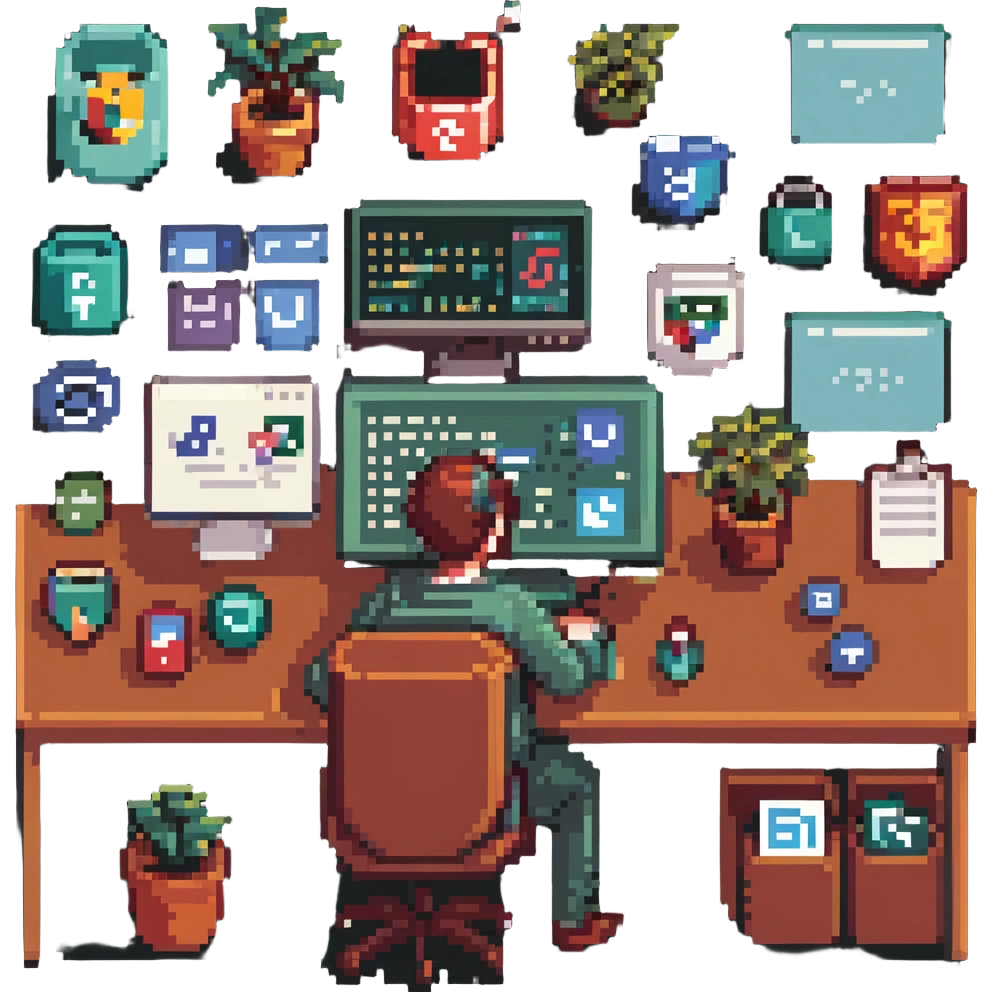 pixel art of a frontend developer at a desk with code on screen, surrounded by icons of HTML, CSS, JS emoji