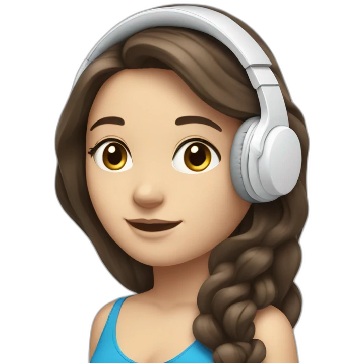brunette white girl with long hair blue eyes listening to music with her phone in her hand with white wired headphones  emoji