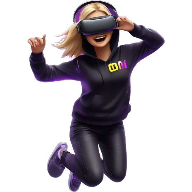 Russian girl wearing black hoody with violet letters "OMG", in vr headset oculus quest2. jumping. Cyberpunk style. Violet neon. emoji