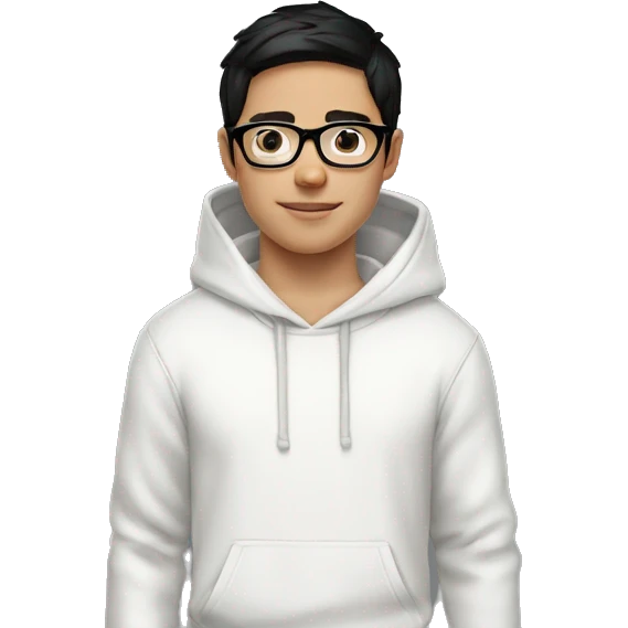 young white boy black hair white hoodie with glasses emoji