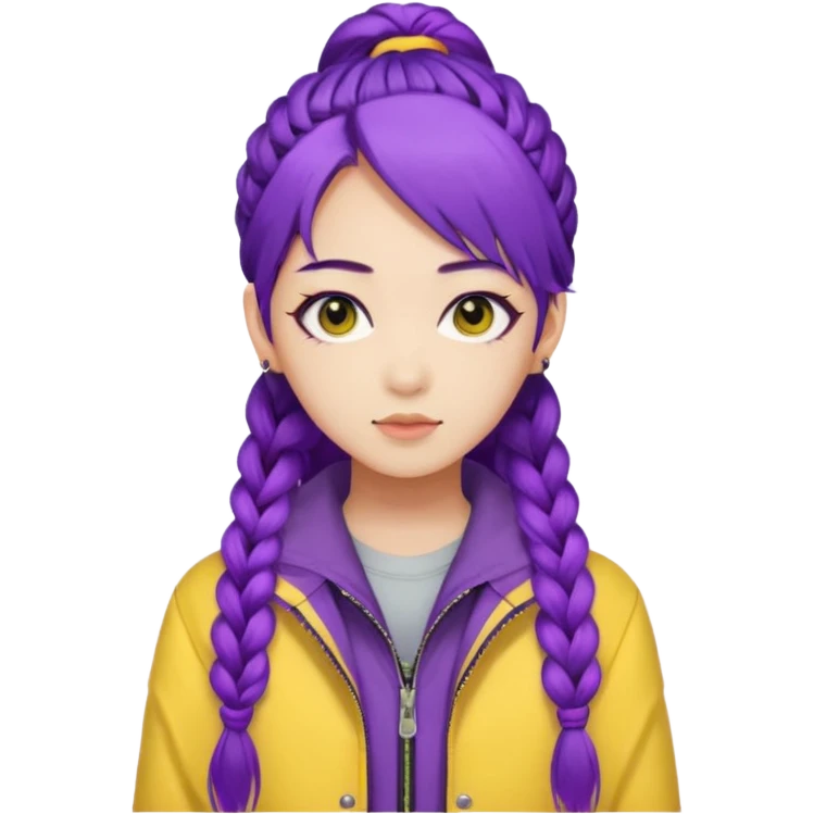 kpop hunters Rumi purple hair one large braid, asian, yellow jacket and wearing eyeliner emoji