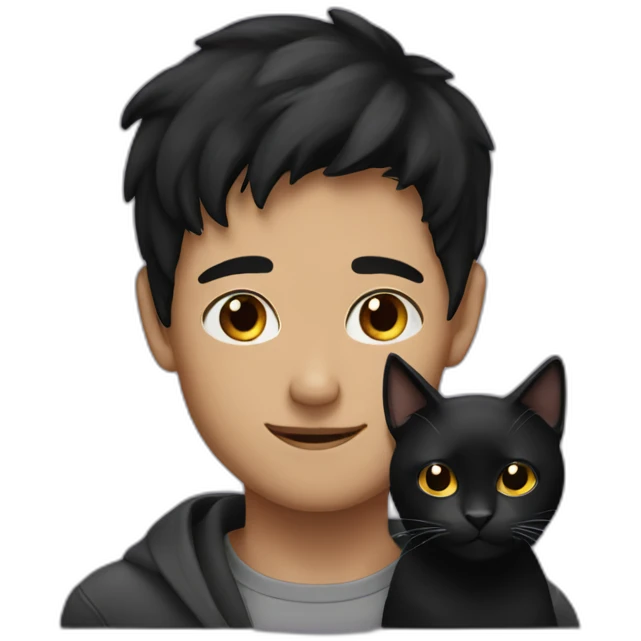 dark-haired boy with a black cat emoji