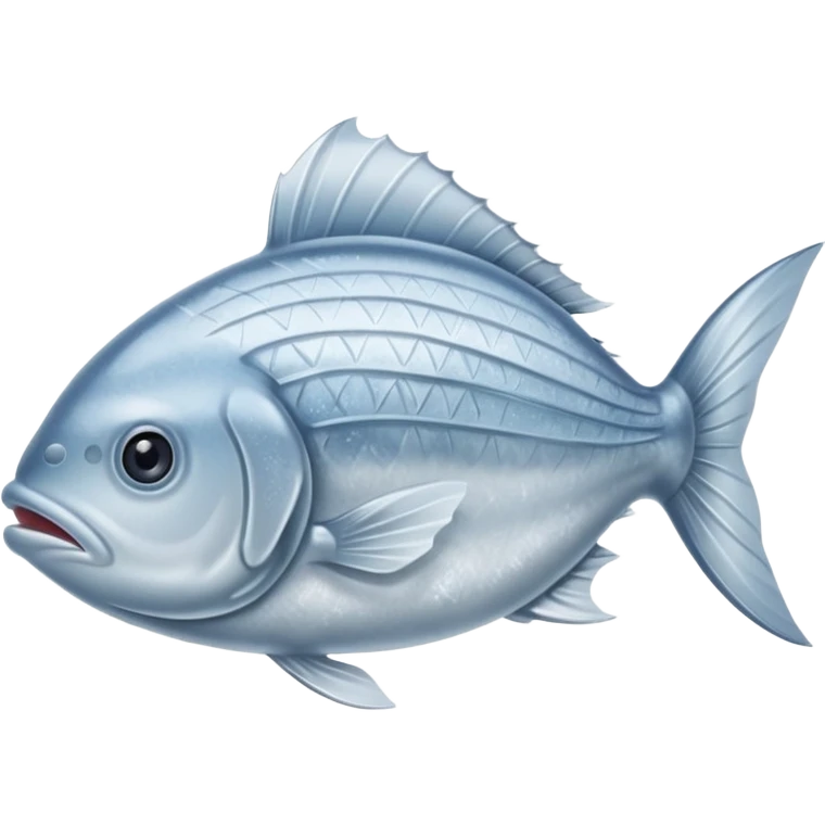whole silver fish or fillet encased in a thin layer of frost, subtle ice crystals on the surface, slightly muted color tone, texture firm and chilled, clean defined contours, no packaging, tray, or garnish, soft lighting, subtle shadows, emoji scale emoji