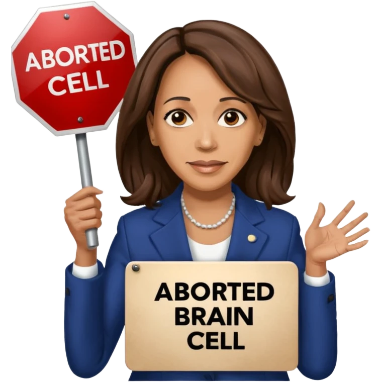 Kamala Harris holding a sign that says “ I aborted my last brain cell” emoji