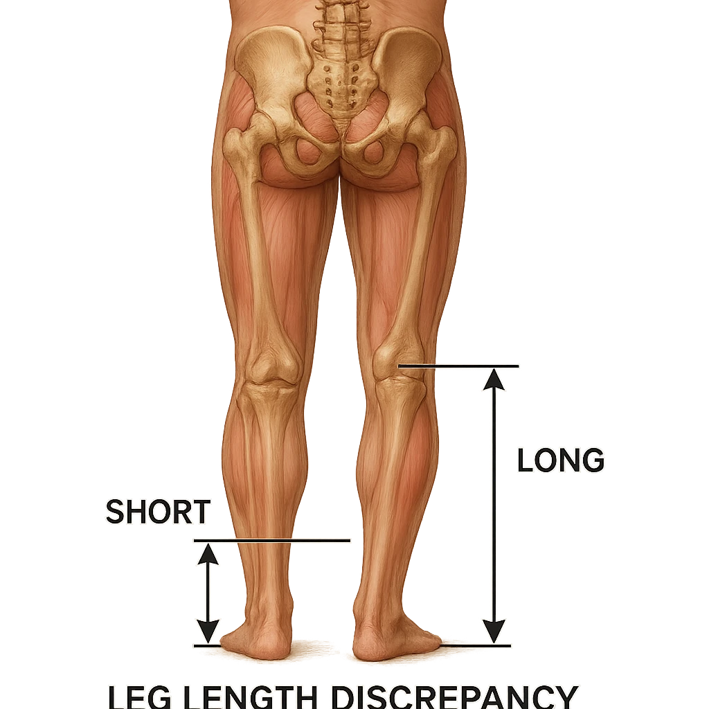 Medical style hyperrealistic posterior view highlighting very clearly the difference in leg length: one leg visibly shorter than the other. Add arrows, reference lines, and an anatomical caption to make the concept immediately understandable. No background. Variation 2. emoji