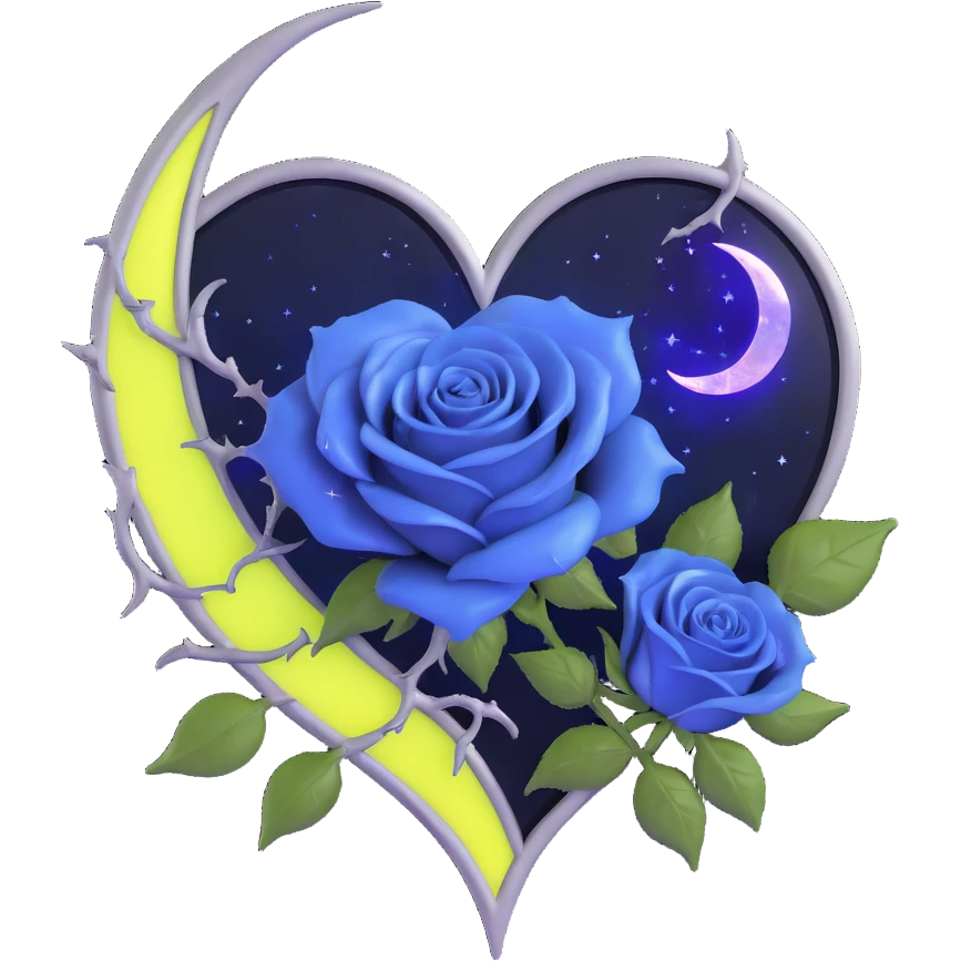 gothic heart made of stormy gray glass, silver crescent moon, navy blue roses, holographic stardust, neon yellow lightning, drenched and splintered glass emoji