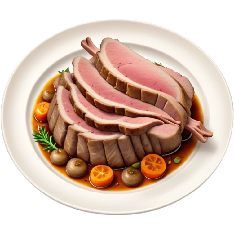 Roast Lamb Cinematic Realistic Roast Lamb Dish Emoji, depicted as thinly sliced roast lamb arranged artfully on a plate, rendered with rich textures and warm, inviting lighting. emoji