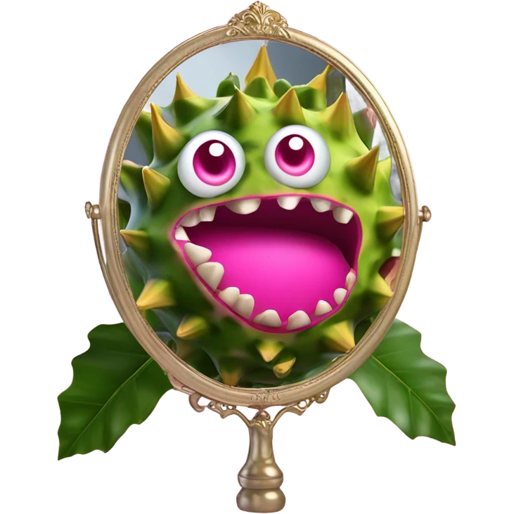 3D elegant Pitahaya with large shiny eyes 👀 Pitahaya hand holds the mirror with its reflection 🪞 emoji