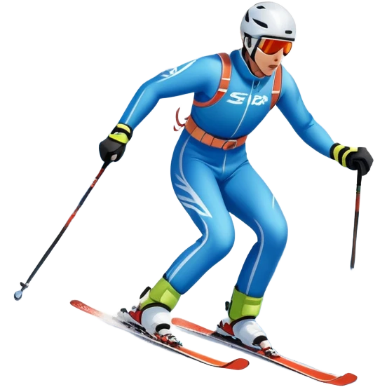 An icon featuring snowy peaks, pine trees, and a picturesque mountain landscape with a skier racing down a snow-covered slope. The sky is blue with soft clouds, capturing the thrill and beauty of alpine skiing. Transparent background highlights the excitement and serenity of winter sports. emoji
