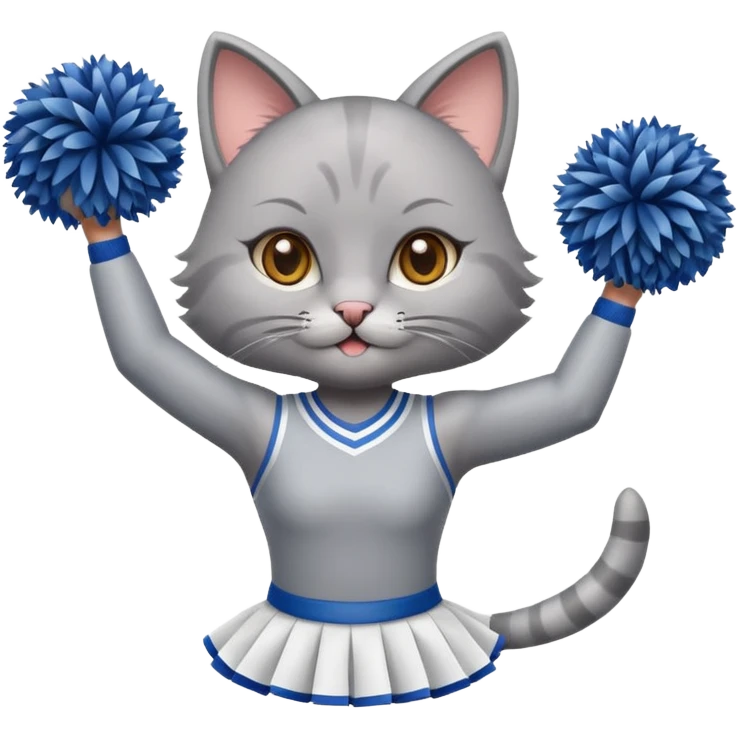 A cute sleek grey cat cheerleader twirling pom-poms with confident energy. emoji
