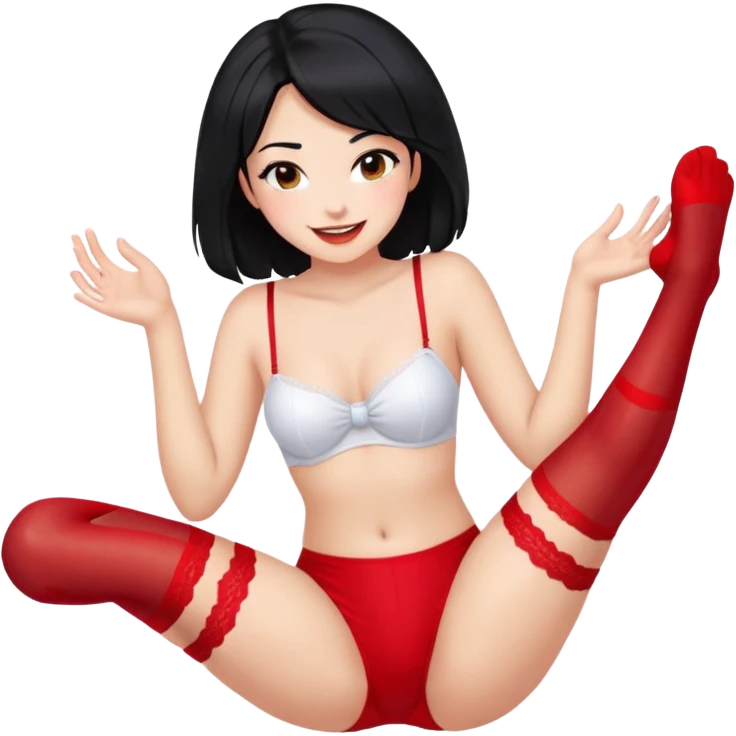 1 girl, shot hair, black hair, lust looking, smiling, stokings, red panties emoji