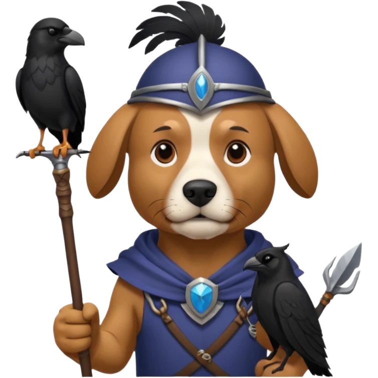 dog odin has spear. he has raven on his shoulder. dynamic pose emoji