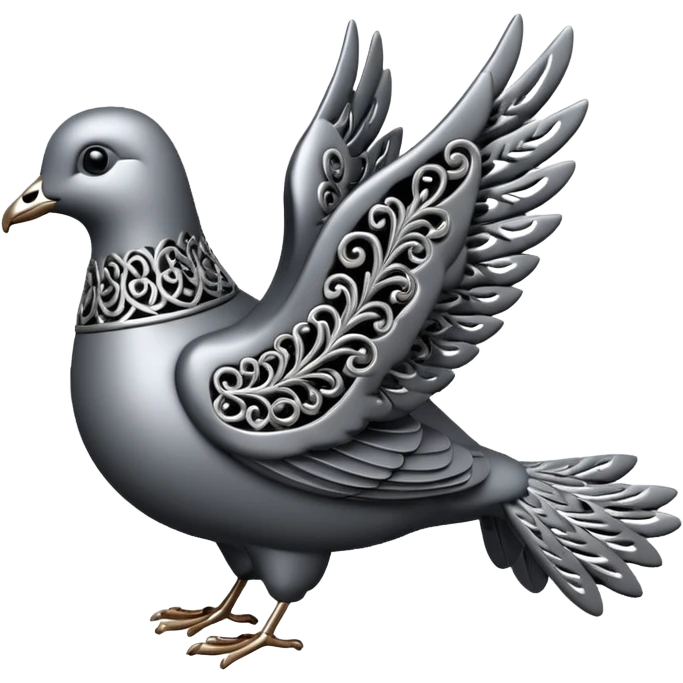 Black and silver filigree dove, 3D, extremely detailed design emoji