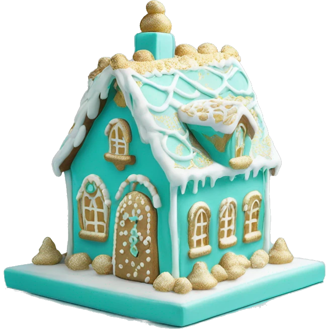 Tiffany blue and gold and white gingerbread house emoji