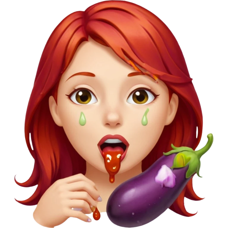 Girl with red hair licks with pleasure on one long wet dripping eggplant emoji