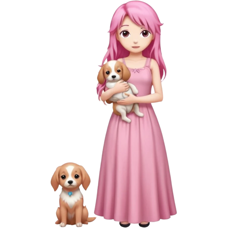 Pastel anime lady long hair pink long dress full body holding puppy emoji