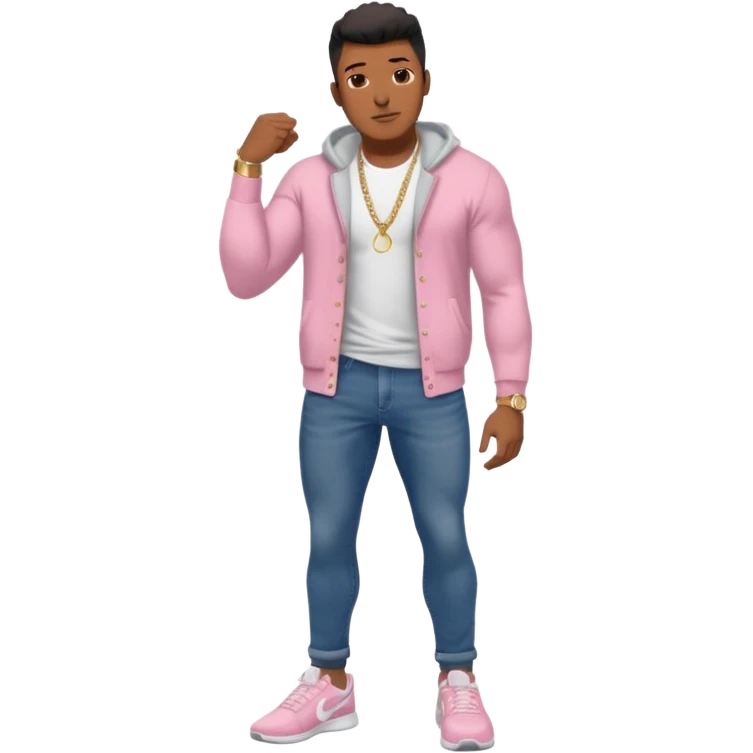 Handsome Black guy with brown skin tone, with muscular build, wearing dark denim jeans, a white t-shirt, pink and gray fuzzy cardigan, white Nike sneakers, a gold watch, and a dainty chain emoji