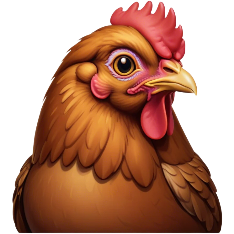 Cinematic Noble Brown Chicken Portrait Emoji, Poised and regal, with a compact, sturdy build and a warm, well-groomed brown plumage, deep-set soulful beady eyes, Simplified yet sharp and sophisticated features, highly detailed, glowing with a soft, dignified glow, high shine, intelligent and earthy, stylized with an air of rustic elegance, focused and attentive, soft glowing outline, capturing the essence of a watchful and confident fowl, so majestic it feels as though it could strut out of the screen with effortless authority! emoji