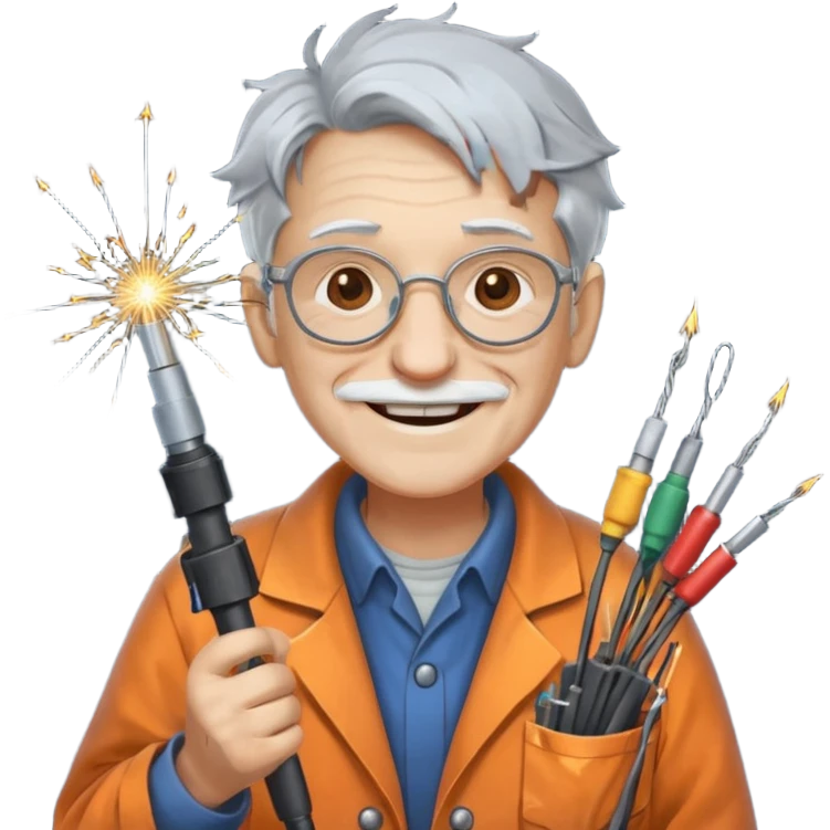 A scatteredbrained old tinkerer with messy workshop coat, holding sparking wires.
 emoji