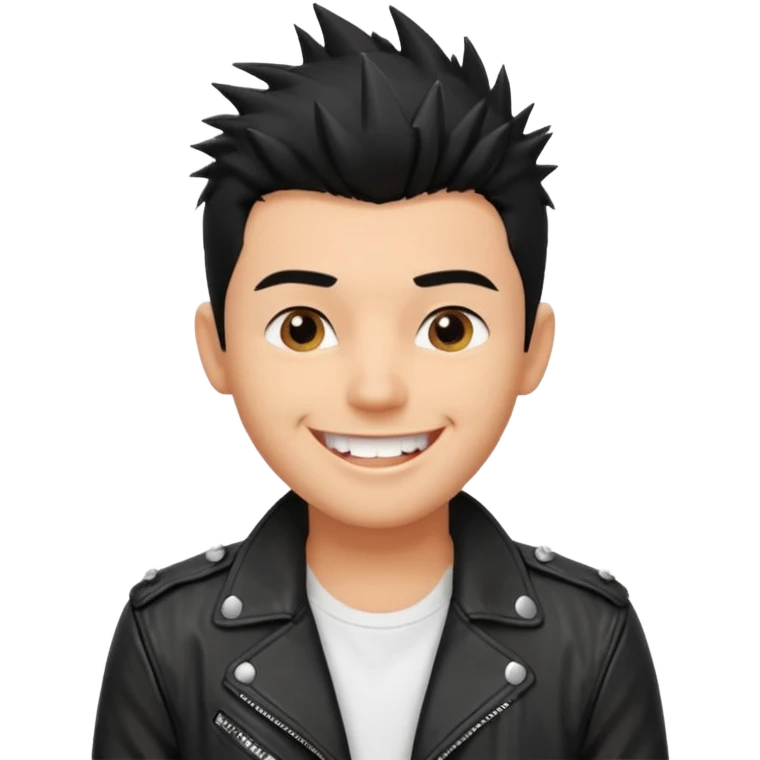 emoji of a young gentleman, short spiky black hair, wearing a leather jacket and t-shirt, smiling emoji