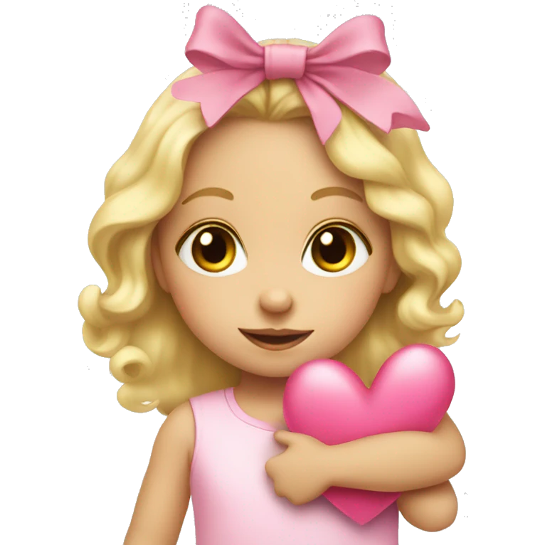 Blonde toddler girl with pink bow holding a heart emoji