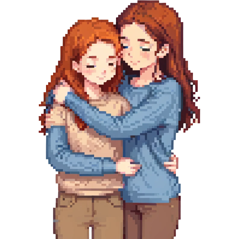 A red-haired girl in a beige blouse hugging a brunette in a blue sweater, cool colors emoji