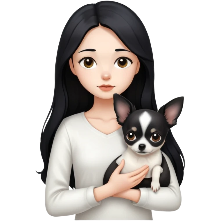 A girl with fair skin, long black hair, white clothes, gently, with her head tilted, holding a black Chihuahua tightly in her hands emoji