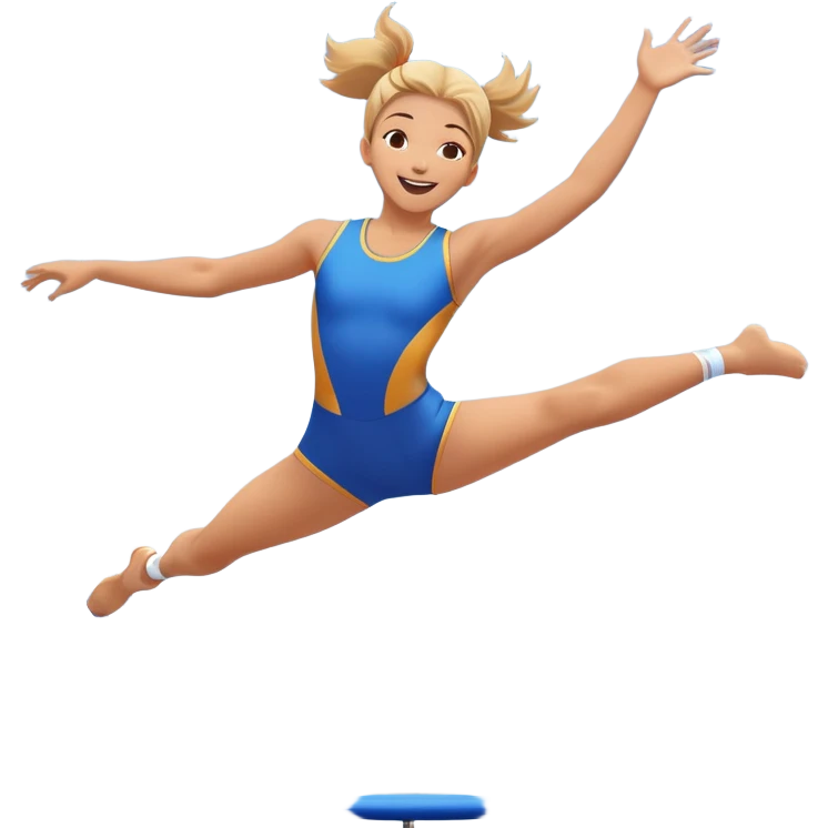 A joyful person mid-air, bouncing high on a trampoline with dynamic motion lines. Their body is stretched in an acrobatic pose, arms wide, legs bent. The scene is full of energy, with a bright blue sky and a fun, playful atmosphere representing excitement and agility. emoji