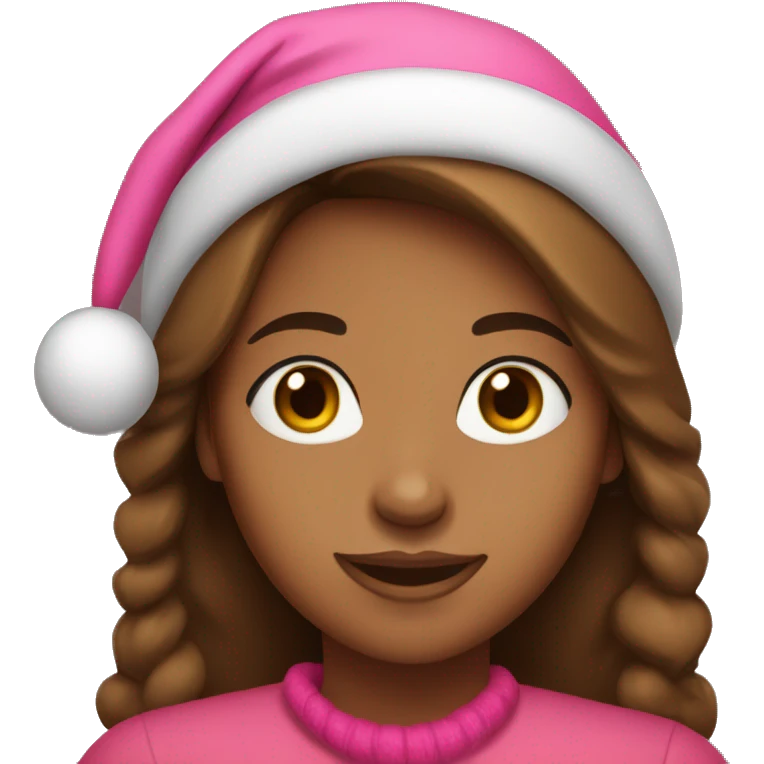 brown skinned woman with brown eyes and long hair in pink christmas hat  emoji
