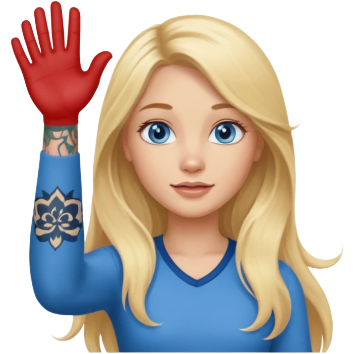 blonde girl with long hair blue eyes waving with tattoos emoji