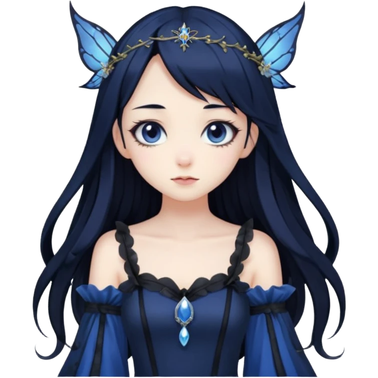 Gothic anime fairy with long beautiful black hair and dark blue dress, pastelcore, emoji