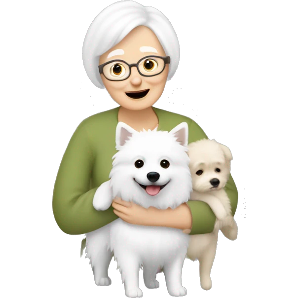 grandma with blonde short hair hugs a white spitz dog emoji