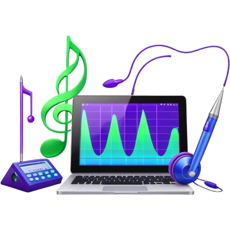 Create a creative and inspiring emoji that represents writing music tracks. The design should feature musical notes, a pen or pencil, and a digital audio workstation (DAW) interface or a computer screen with a visible waveform, symbolizing the process of composing and arranging a track. Add elements like a metronome or a pair of headphones to reflect the recording and editing aspects. Use vibrant colors like electric blue, purple, or neon green to represent creativity and innovation in music production. The background should be transparent. emoji