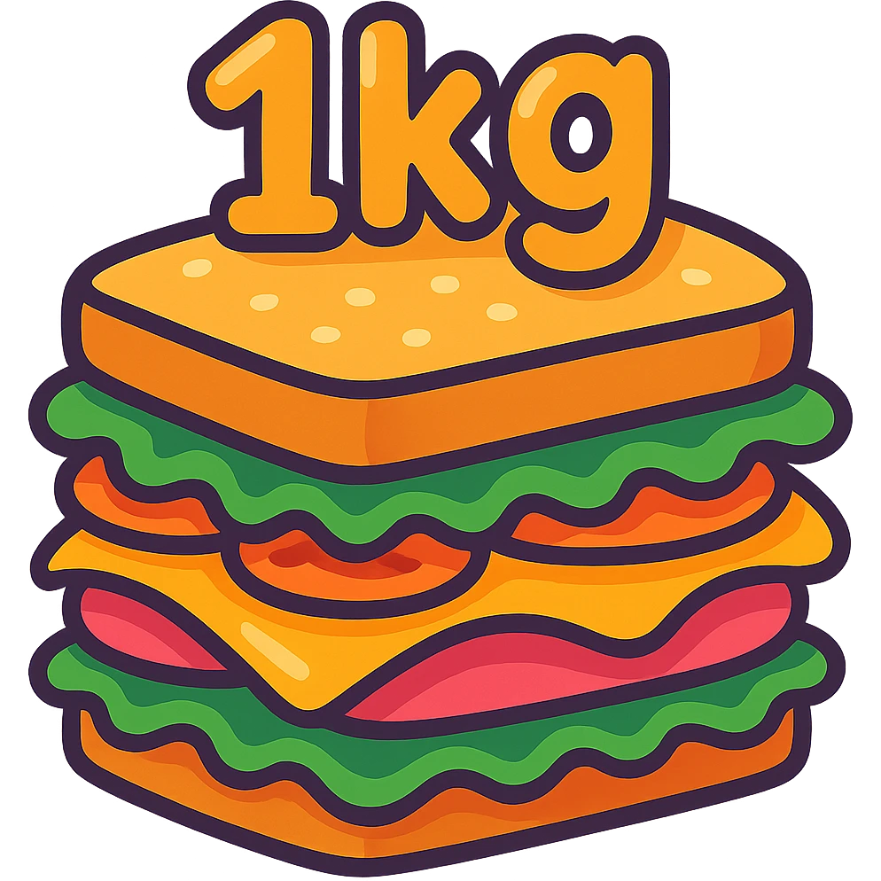 big cartoon sandwich with '1kg' in a bubbly, cartoonish playful font on top emoji