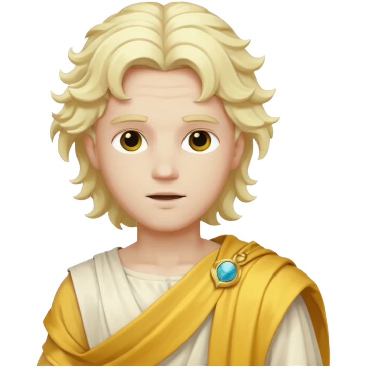 Apollo from Olympus Gods with long white blonde wavy hair, yellow toga emoji