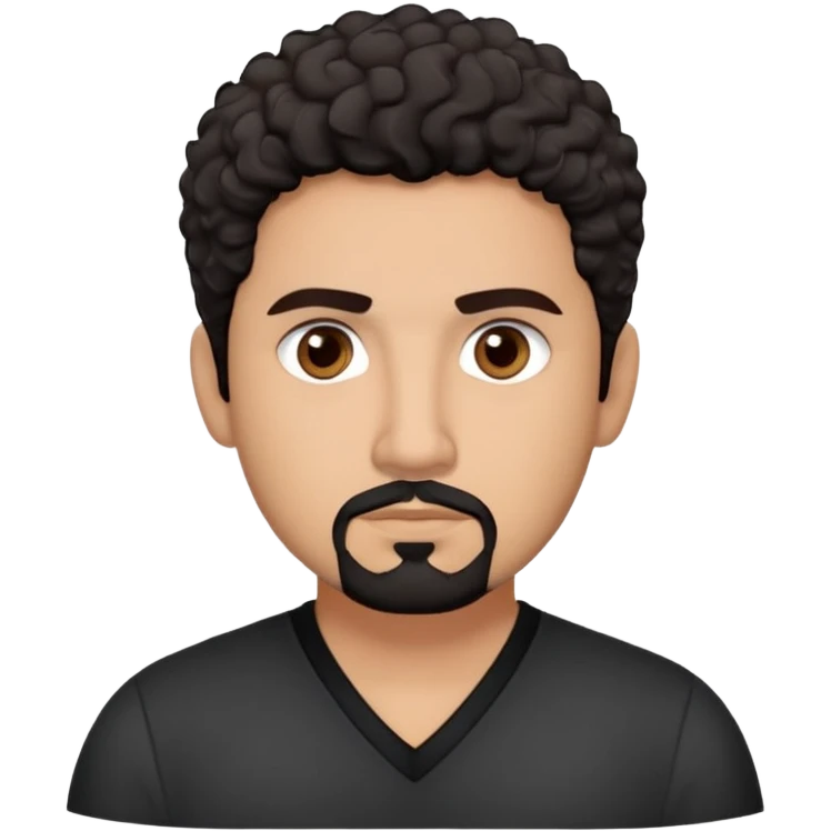 Latino theatre director with light cinnamon skin. Structured face with defined features. Critical dark brown eyes. Thoughtful expression. Well-groomed black goatee with some gray. Short curly dark hair. Wearing a black V-neck shirt with minimal design. emoji