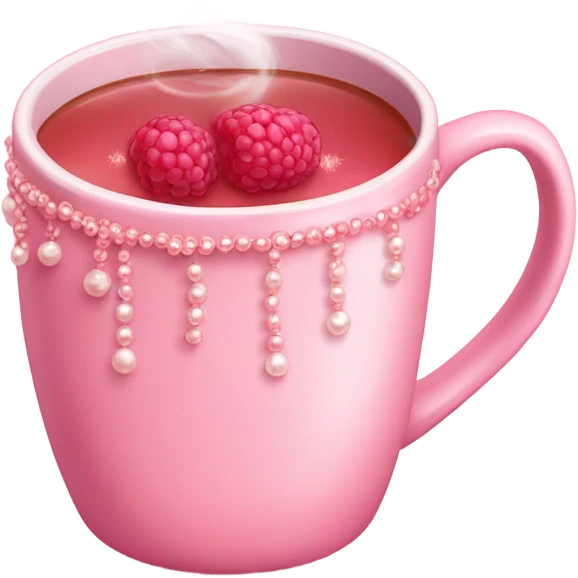 soft pink mug filled with steaming hot raspberry tea, decorated with blush pink pearl and sparkly embellishments (aesthetic, cute) emoji