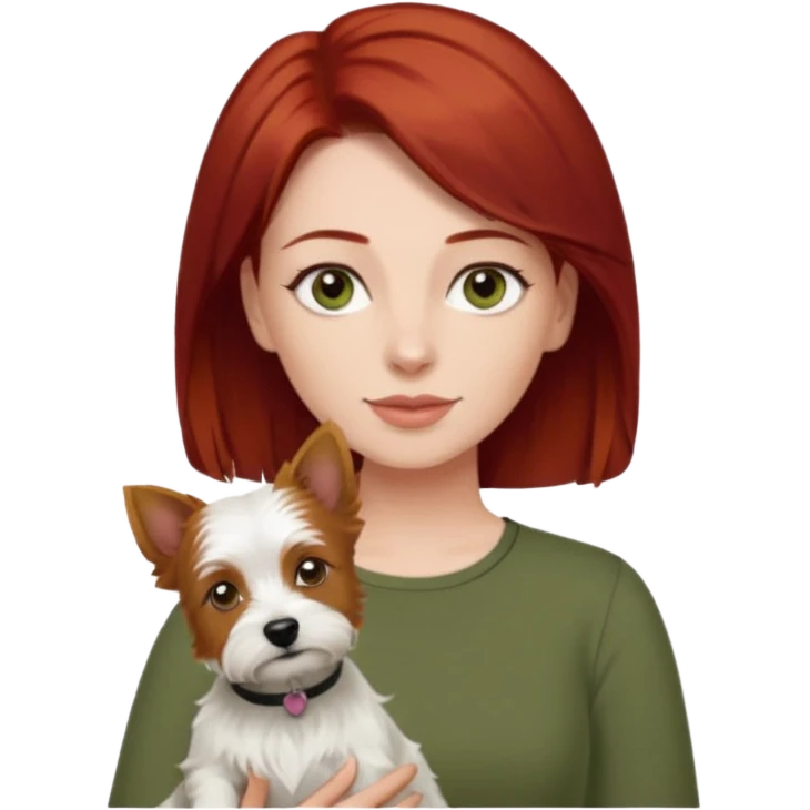 Westie dog being held by woman with dark shoulder length red hair and hazel eye wearing olive green top emoji