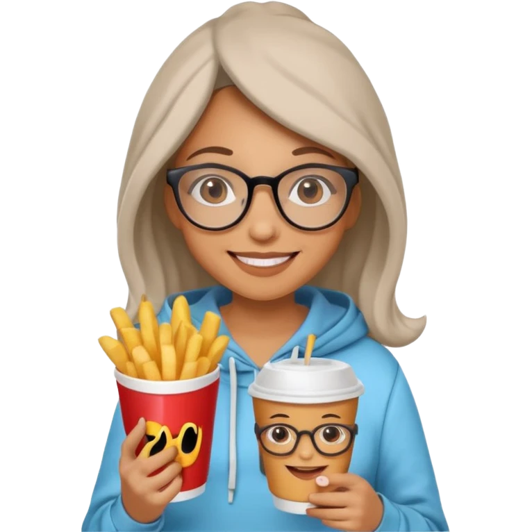 Woman with Glasses & Fries – cheerful woman in hoodie, holding paper cup of fries.





































 emoji