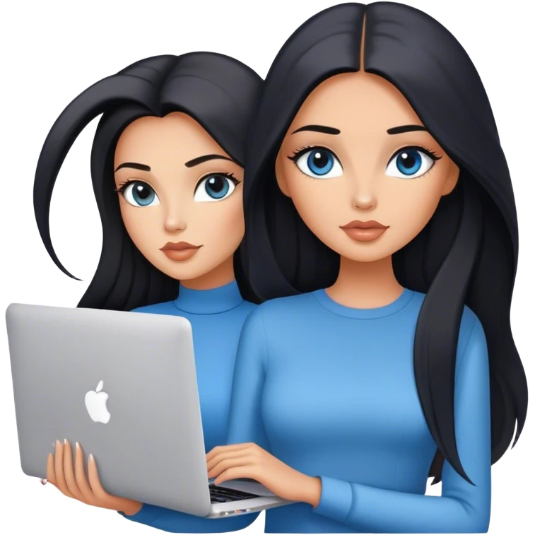 Glamours tanned very beautiful girl with pump peach nude lips and black straight smooth long hair, blue-grey eyes in beautiful clothing stading with MacBook emoji