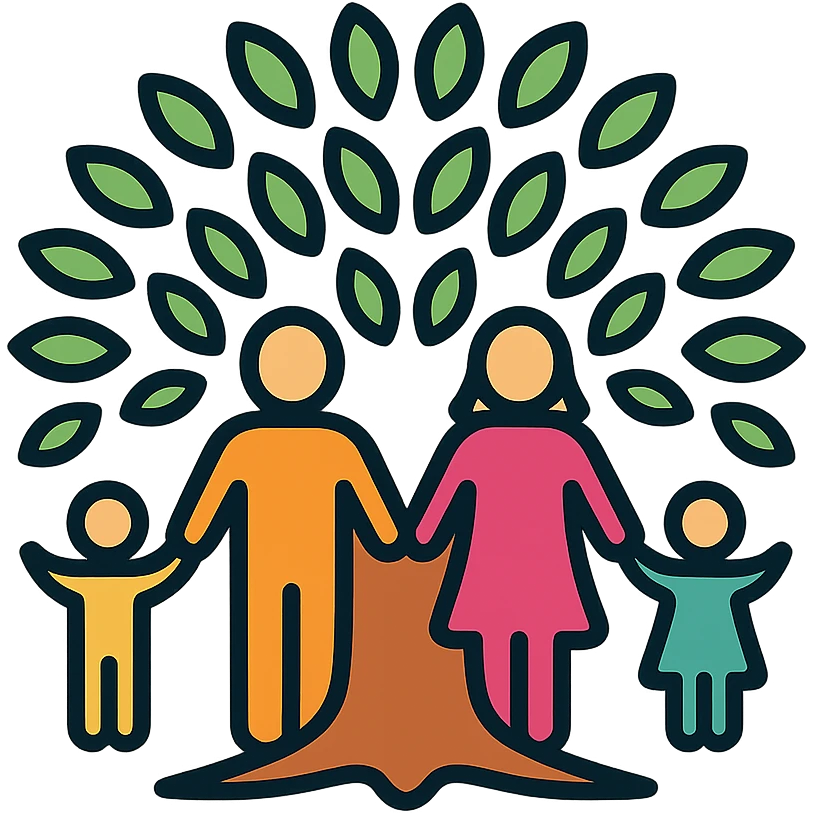 a family holding hands, their bodies blending into a tree trunk with leafy branches above, modern icon style emoji