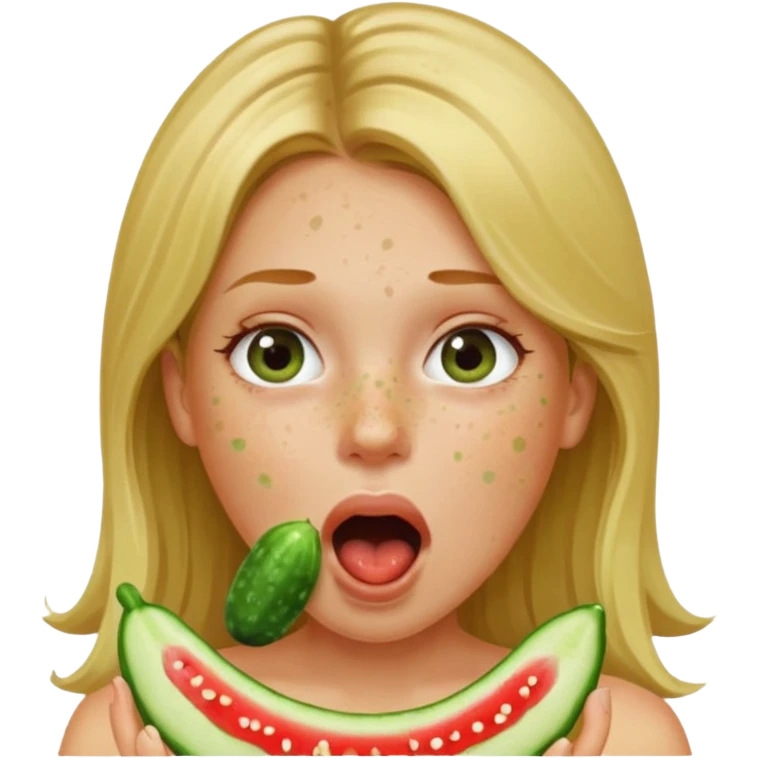 Girl mouth open. Cucumber in her mouth dirty blonde hair emoji