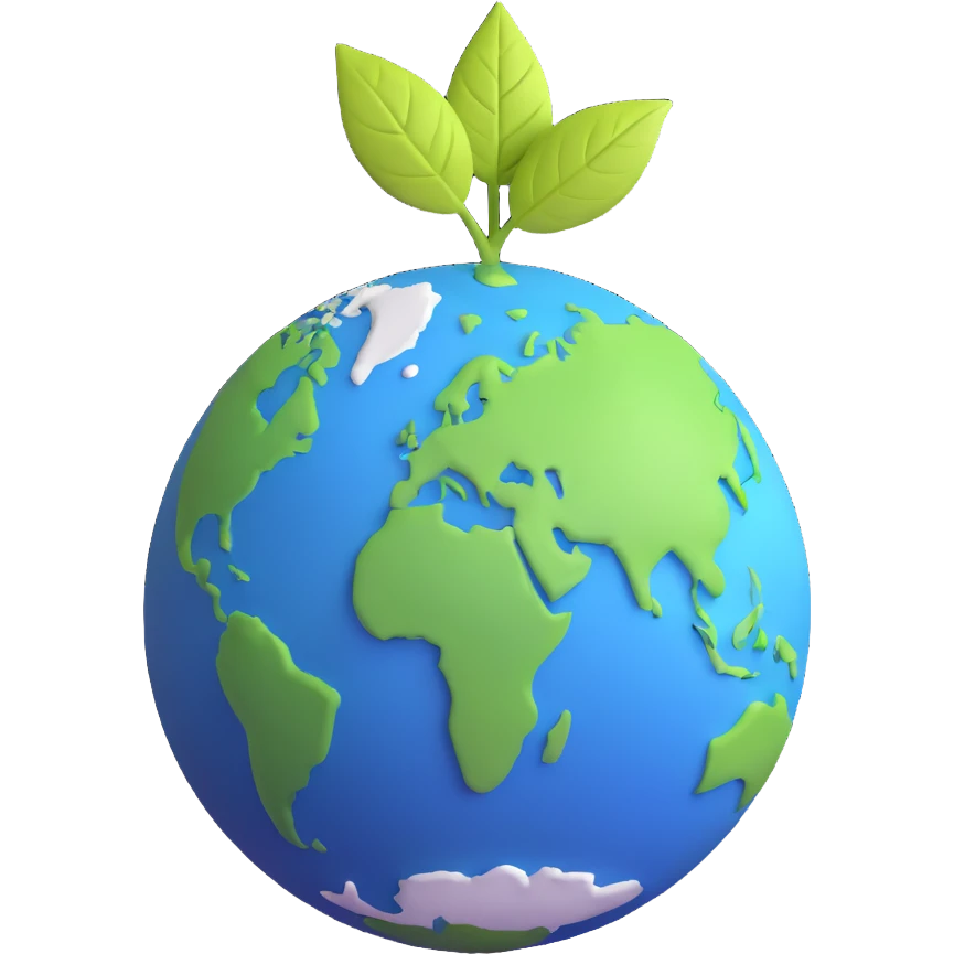 A single green leaf resting gently on top of a vibrant, round Earth globe. The focus is on the leaf and the globe with a simple background and soft natural lighting emoji