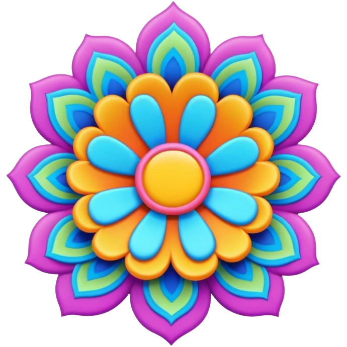 3D, psychedelic colored label with hippie style flower border emoji