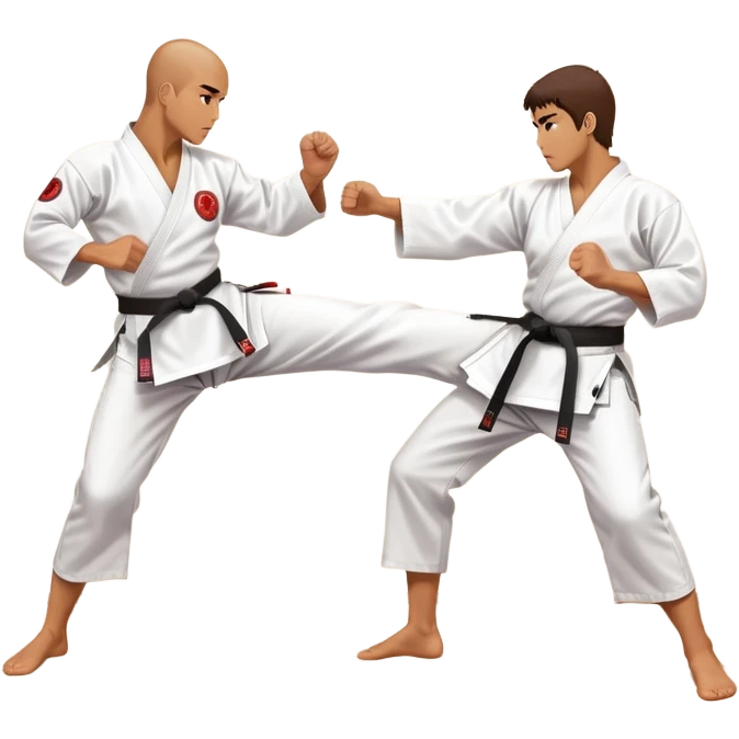 Two karate fighters in traditional gi sparring. One executes a high kick aimed at the opponent’s head, while the other blocks with a strong hand defense. The background features a classic dojo with wooden flooring and banners. Dynamic motion and focused expressions. Transparent background. emoji