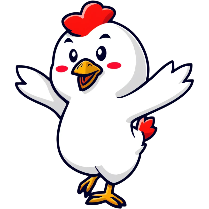 A funny cartoon chicken doing a silly dance emoji