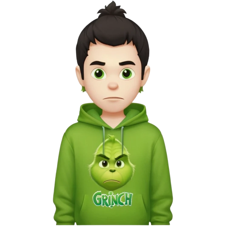 Create an avatar of white European with dark hair  male in hoodie with ``BST`` letters on it. Make background to look like from movie Grinch emoji