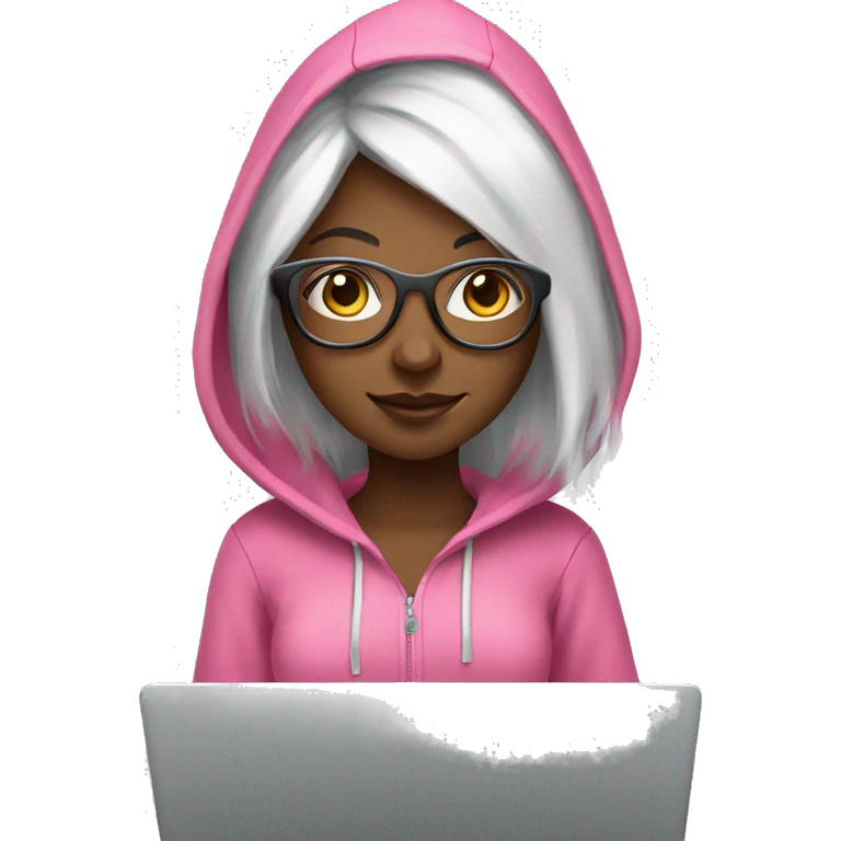 tech girl with white hair and pink hoodie with clear glasses with laptop emoji