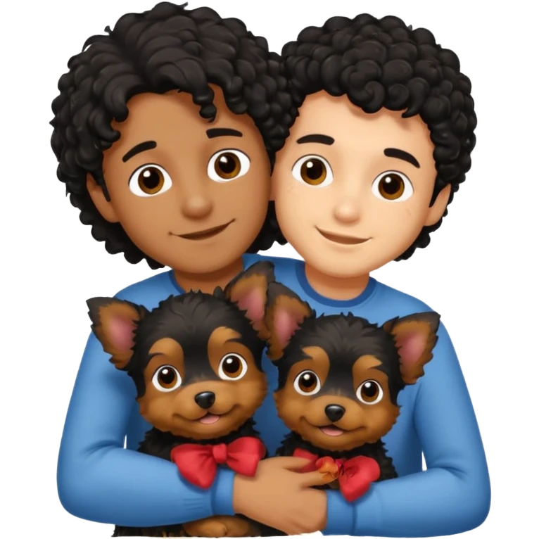 Young man with little brown skin, black curly hair, cheerful dark brown eyes, hugging two yorkie of long hair  emoji