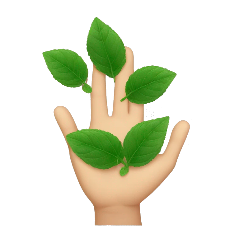 Mano con 5 dedos al lado de una hoja de menta al lado de 2 tipos de ríos emoji